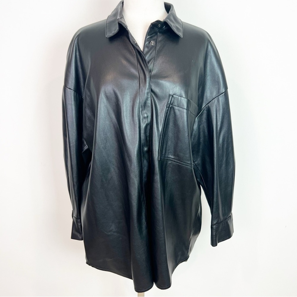 ZARA BLACK FAUX LEATHER SNAP FRONT LONG SLEEVE SHACKET SHIRT SZ MEDIUM